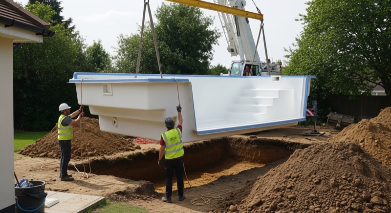 Coque polyester descendue à la grue dans un jardin par deux poseurs en gilet de sécurité