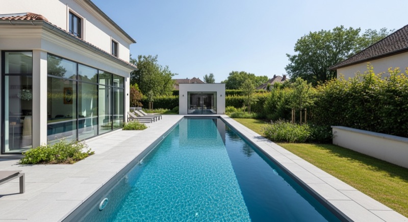 Couloir de nage en coque polyester le long d'une villa moderne